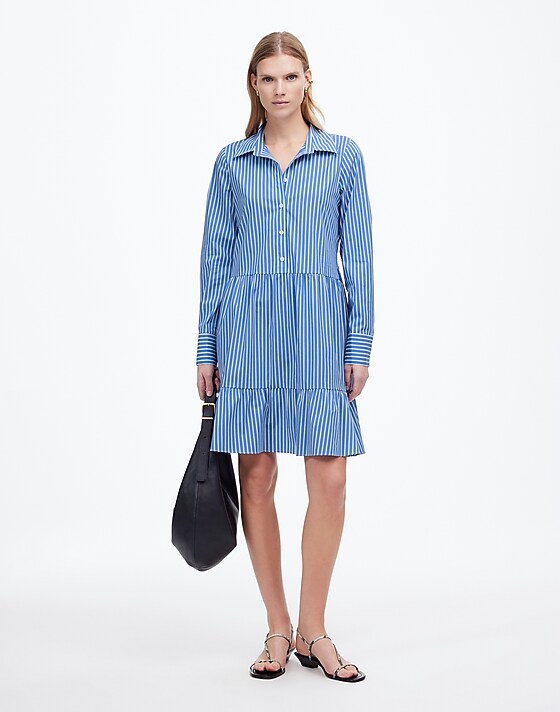 madewell Tie-Waist Tiered Midi Dress blue and white stripe