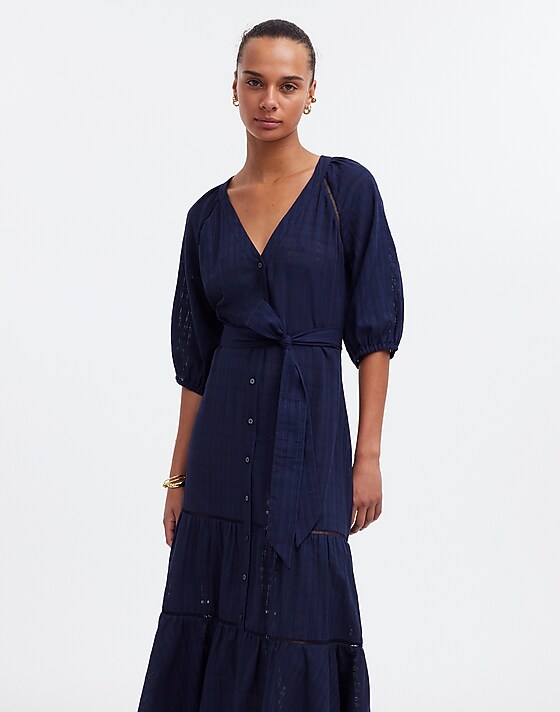 Madewell Tie-Waist Tiered Midi Dress In Windowpane Windowpane Navy