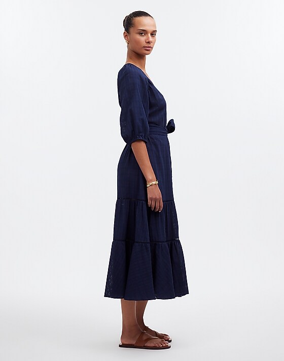 Madewell Tie-Waist Tiered Midi Dress In Windowpane Windowpane Navy