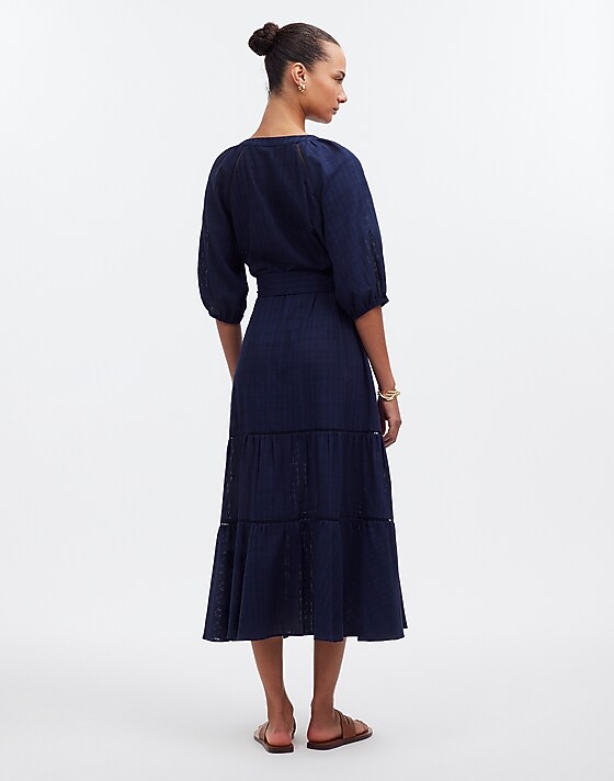 Madewell Tie-Waist Tiered Midi Dress In Windowpane Windowpane Navy