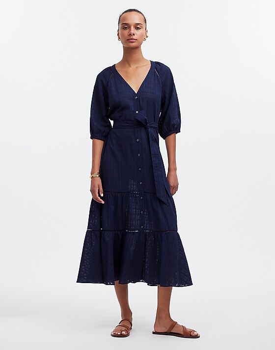 madewell Tie-Waist Tiered Midi Dress in Windowpane windowpane navy