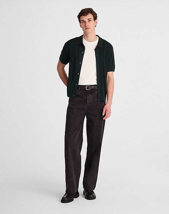 madewell Tuck-Stitch Button-Up Sweater Polo dark bottle