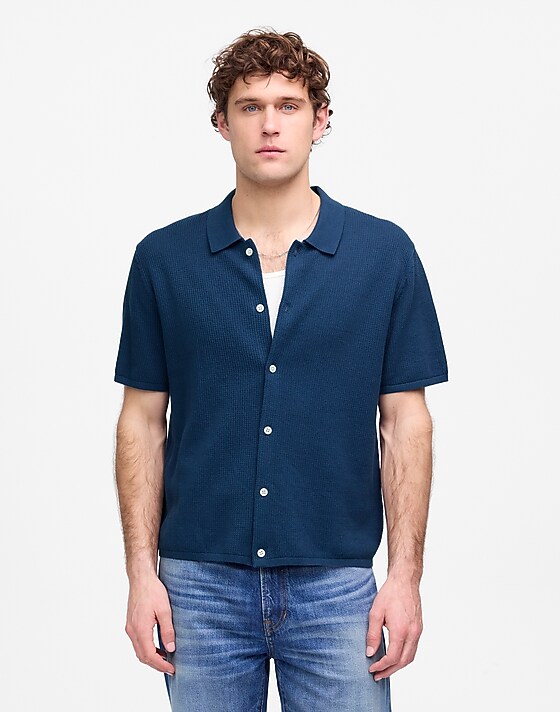 Madewell Tuck-Stitch Button-Up Sweater Polo True Indigo