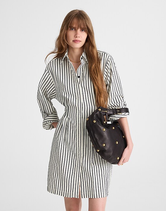 Madewell Tucked Mini Shirtdress Grey Variegated Stripe