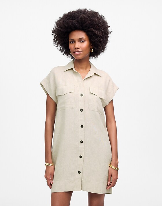 Madewell Utility Short-Sleeve Mini Shirtdress In 100% Linen Oat