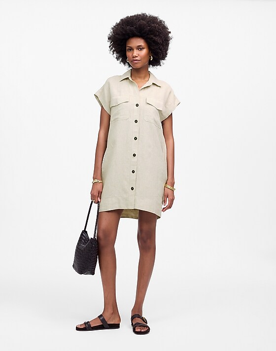 madewell Utility Short-Sleeve Mini Shirtdress in 100% Linen oat