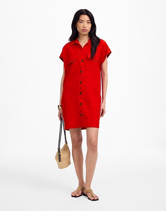 Madewell Utility Short-Sleeve Mini Shirtdress In 100% Linen Festival Red
