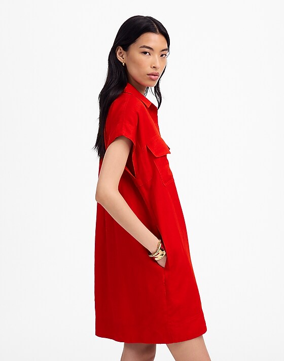 Madewell Utility Short-Sleeve Mini Shirtdress In 100% Linen Festival Red
