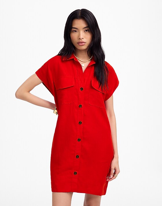 madewell Utility Short-Sleeve Mini Shirtdress in 100% Linen festival red