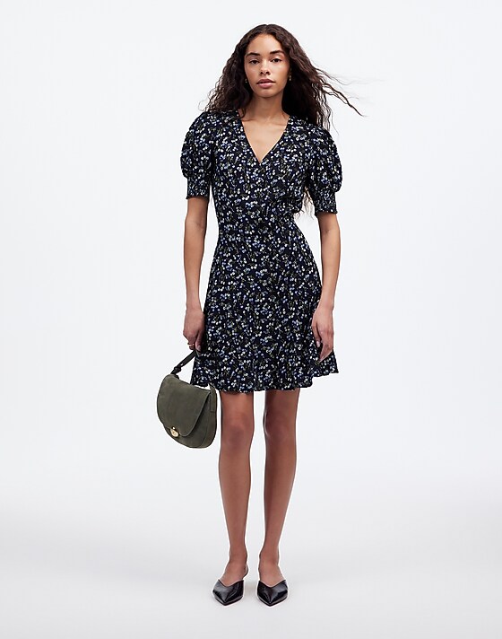 Madewell V-Neck Button-Front Mini Dress In Floral Vintage Ditsy Pear Accent
