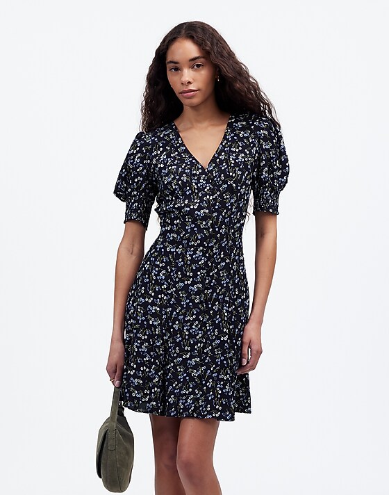 madewell V-Neck Button-Front Mini Dress in Floral vintage ditsy pear accent