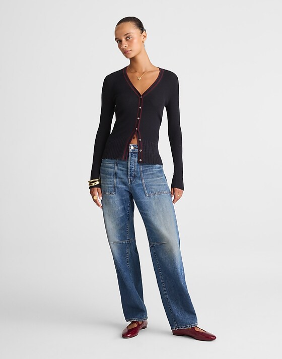 Madewell V-Neck Cardigan In Merino-Silk Blend Dark Navy Combo