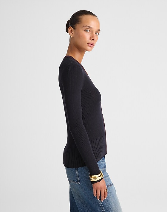 Madewell V-Neck Cardigan In Merino-Silk Blend Dark Navy Combo