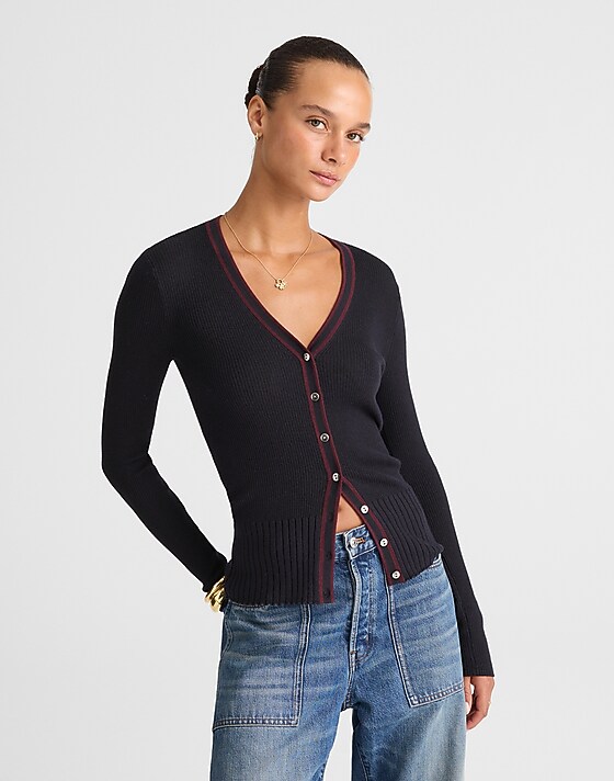 madewell V-Neck Cardigan in Merino-Silk Blend dark navy combo