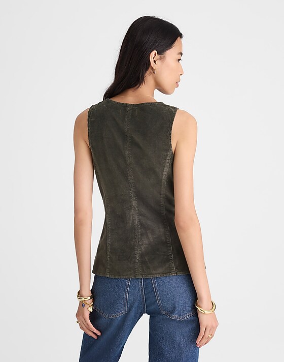 Madewell V-Neck Cutaway Vest In Corduroy Graphite Green