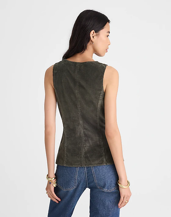 Madewell V-Neck Cutaway Vest In Corduroy Graphite Green