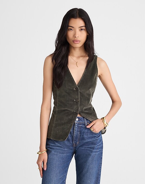madewell V-Neck Cutaway Vest in Corduroy graphite green