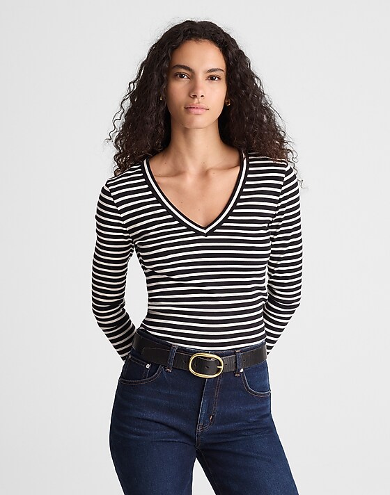 Madewell V-Neck Long-Sleeve Tee In Compact Cotton Bengal Stripe
