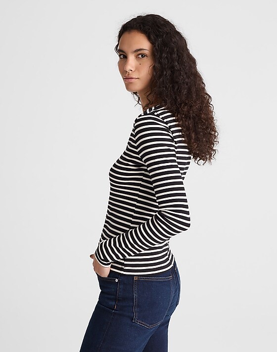 Madewell V-Neck Long-Sleeve Tee In Compact Cotton Bengal Stripe