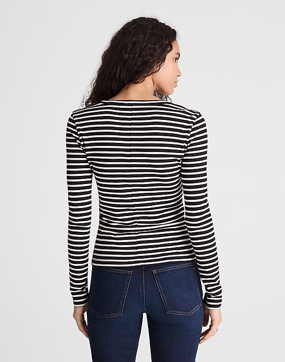 Madewell V-Neck Long-Sleeve Tee In Compact Cotton Bengal Stripe