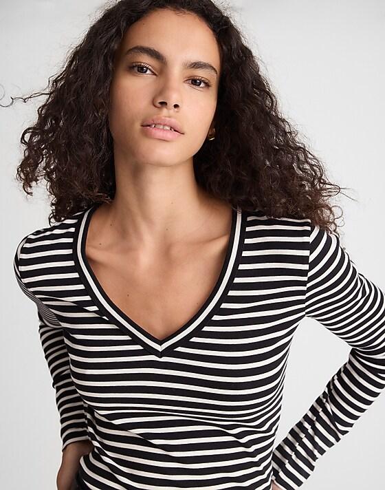 madewell V-Neck Long-Sleeve Tee in Compact Cotton bengal stripe