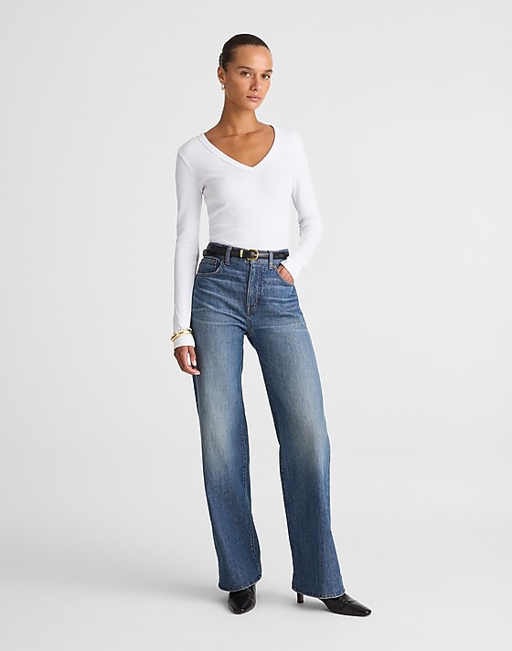 Madewell V-Neck Long-Sleeve Tee In Compact Cotton White