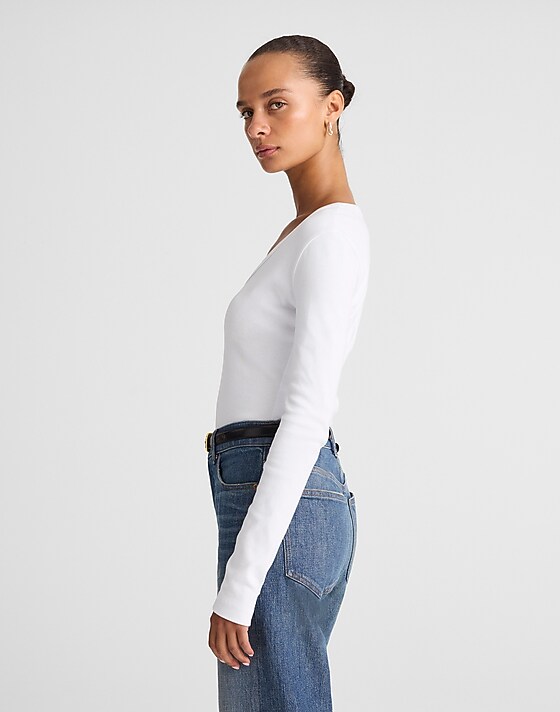 Madewell V-Neck Long-Sleeve Tee In Compact Cotton White