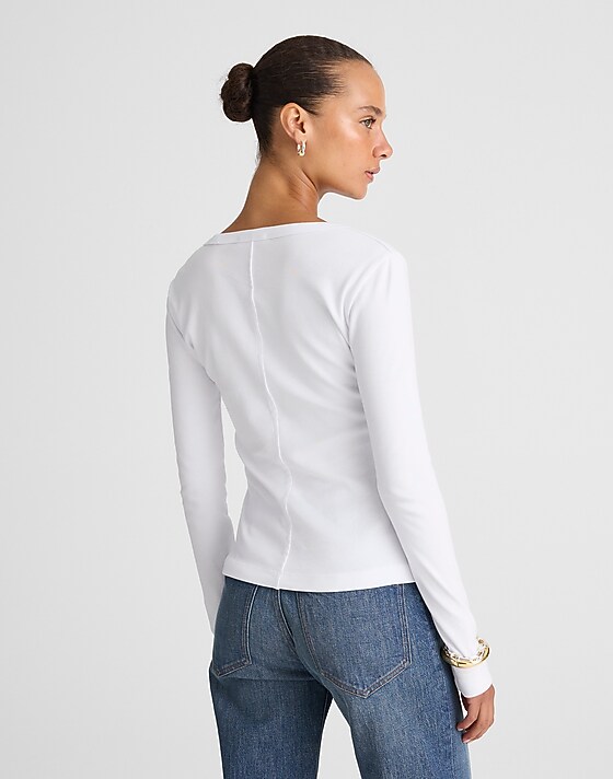 Madewell V-Neck Long-Sleeve Tee In Compact Cotton White