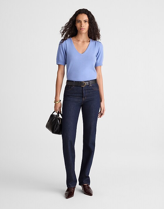 Madewell V-Neck Puff-Sleeve Sweater Tee In Cashmere Hydrangea Blue