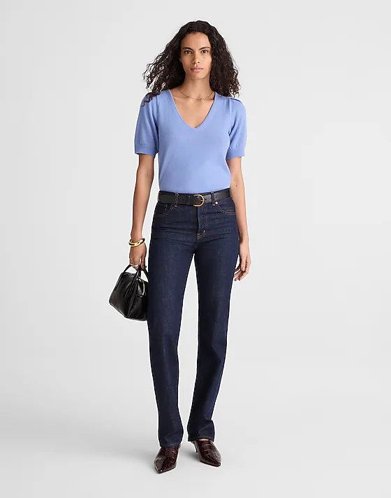 Madewell V-Neck Puff-Sleeve Sweater Tee In Cashmere Hydrangea Blue