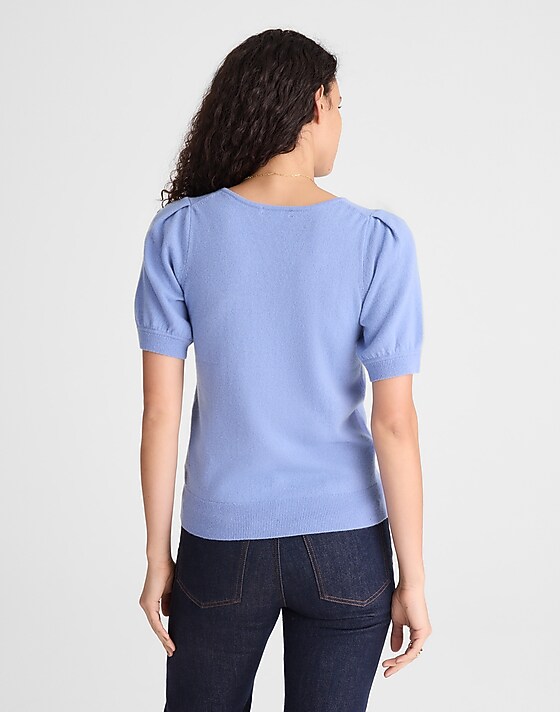Madewell V-Neck Puff-Sleeve Sweater Tee In Cashmere Hydrangea Blue