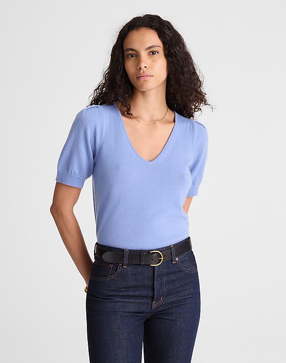 madewell V-Neck Puff-Sleeve Sweater Tee in Cashmere hydrangea blue