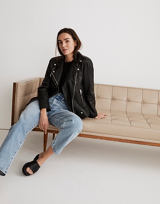 Madewell Washed Leather Oversized Motorcycle Jacket True Black