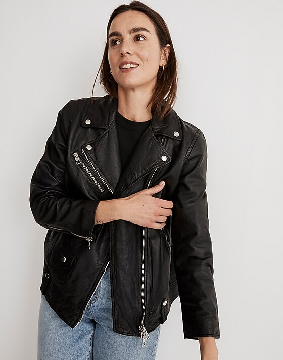 madewell Washed Leather Oversized Motorcycle Jacket true black