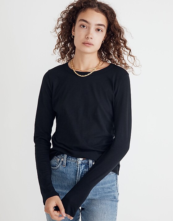 madewell Whisper Cotton Rib-Crewneck Long-Sleeve Tee true black