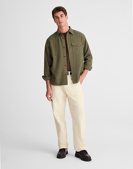 Madewell Work Shirt In Herringbone Dark Olive Herringbone
