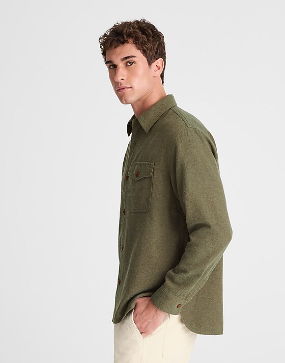 Madewell Work Shirt In Herringbone Dark Olive Herringbone