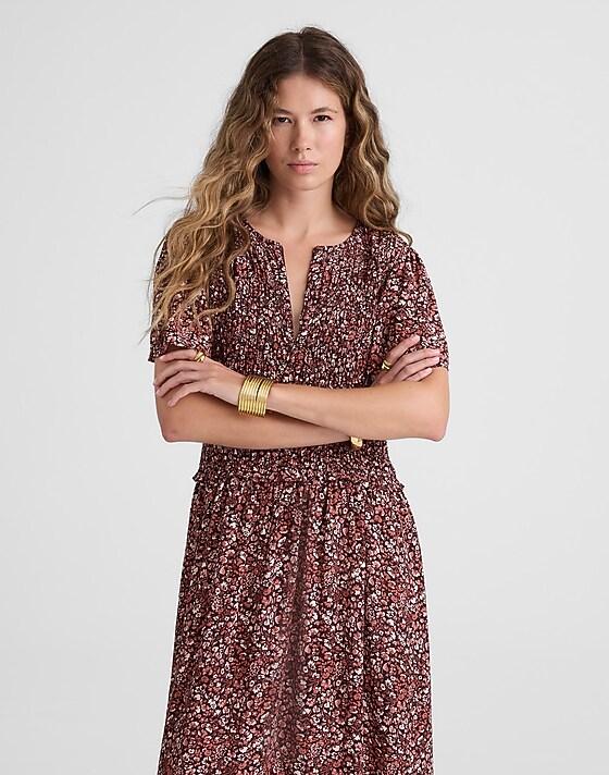 Madewell Zip-Front Flutter-Sleeve Midi Dress In Floral Daphne Floral Raisin Blush