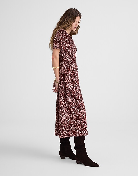 Madewell Zip-Front Flutter-Sleeve Midi Dress In Floral Daphne Floral Raisin Blush