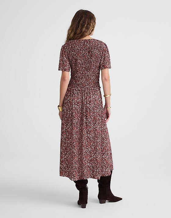 Madewell Zip-Front Flutter-Sleeve Midi Dress In Floral Daphne Floral Raisin Blush