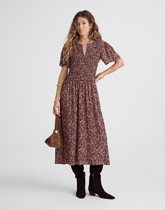 madewell Zip-Front Flutter-Sleeve Midi Dress in Floral daphne floral raisin blush