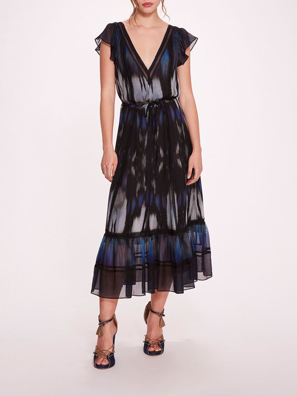 marchesa notte Abstract Viscose Midi Dress Blue Multi
