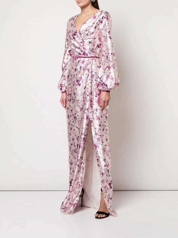 Marchesa Notte Bishop Sleeve Floral Print Charm Gown Blush