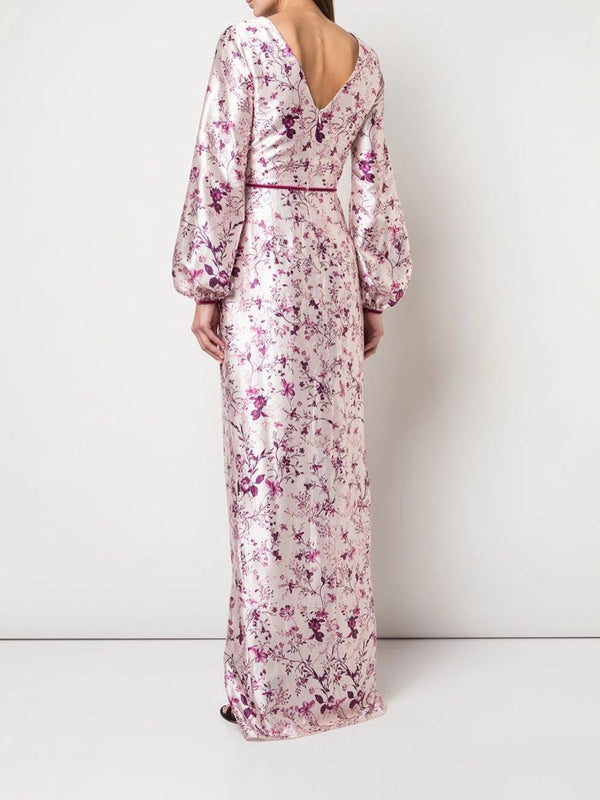 Marchesa Notte Bishop Sleeve Floral Print Charm Gown Blush