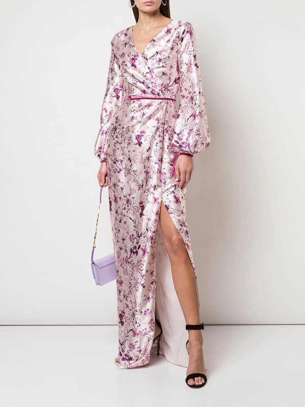 marchesa notte Bishop Sleeve Floral Print Charm Gown Blush