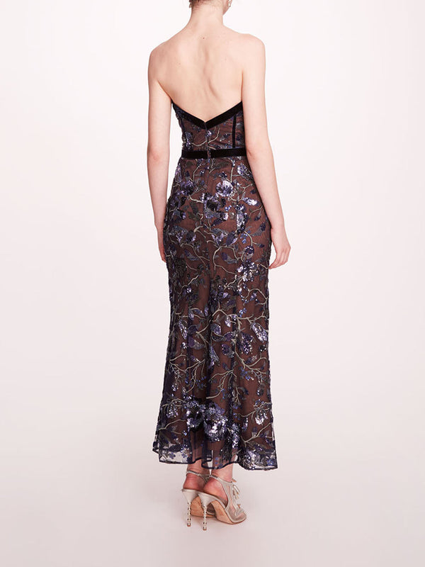 Marchesa Notte Climbing Vines Midi Dress Crystal Ocean