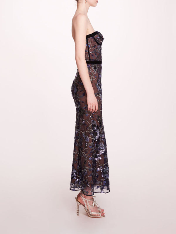 Marchesa Notte Climbing Vines Midi Dress Crystal Ocean