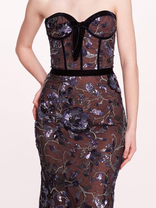 Marchesa Notte Climbing Vines Midi Dress Crystal Ocean