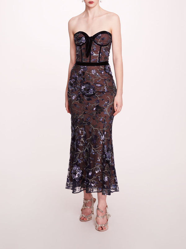 marchesa notte Climbing Vines Midi Dress Crystal Ocean