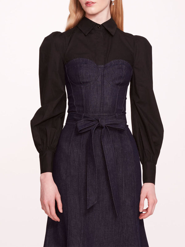 Marchesa Notte Denim Poplin Shirt Dress Deep Indigo Black
